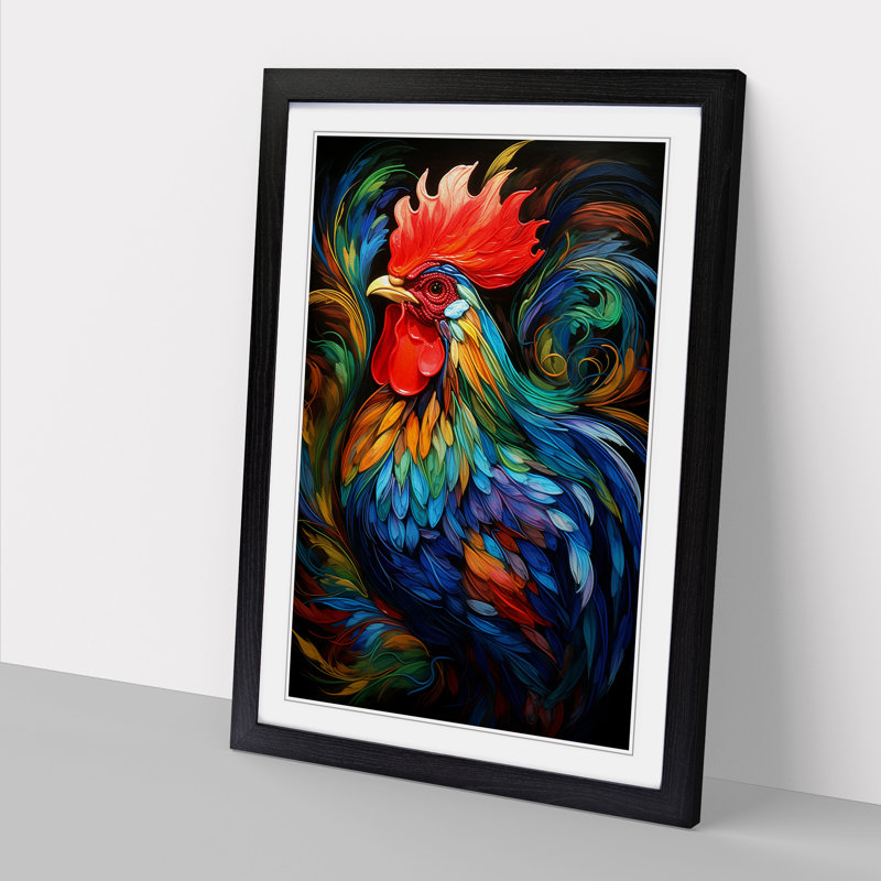 Rooster Abstract - Single Picture Frame Print on Wood, Black, 46cm H x 34cm W x 2cm D