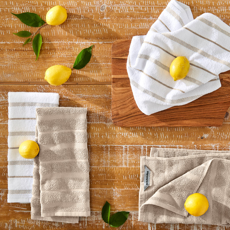 Milkshake Tan and White Cotton Kitchen Towel Set, 16"x26", 4-Pack