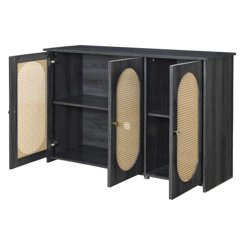 Retro 3-Door Sideboard With Large Storage Space Artificial Rattan Doors And Metal Handles, Antique Black