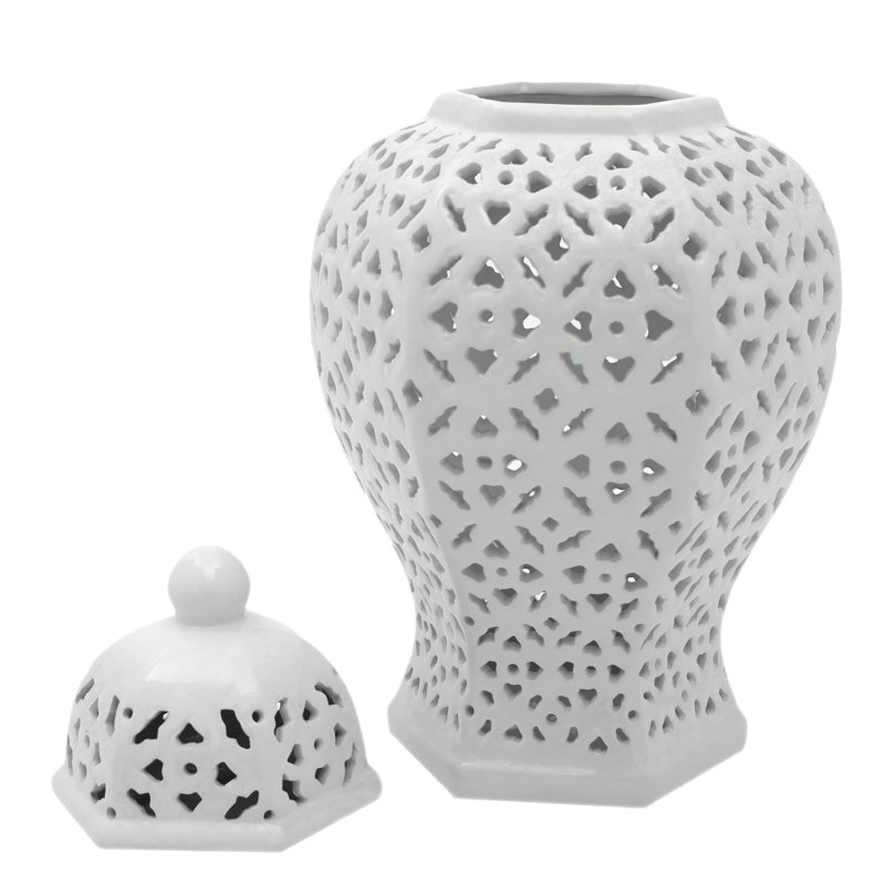15" Antique White Carved Temple Jar