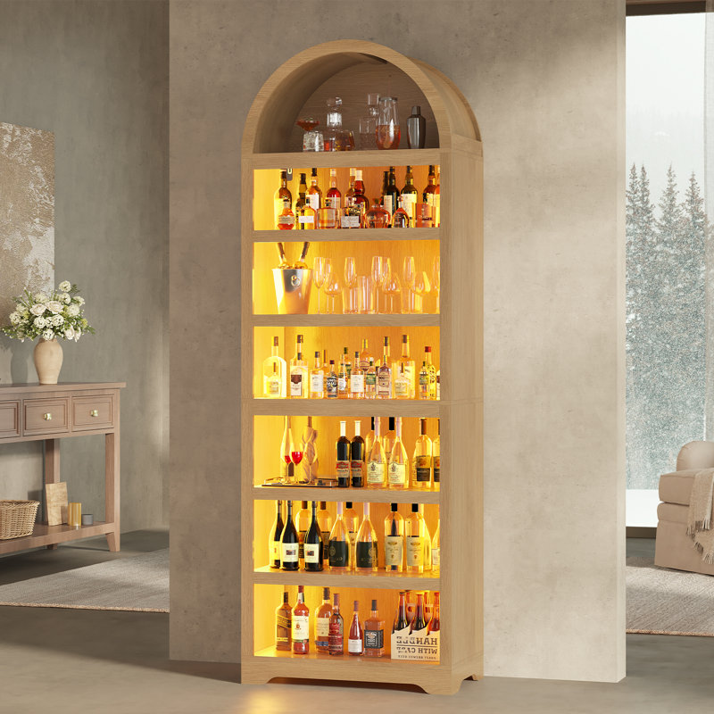 79.4" Tall Arched Cabinet, Modern 7-Tier Bookcase With Led Light And Adjustable Shelf For Living Room, Kitchen, Home Office, Oak