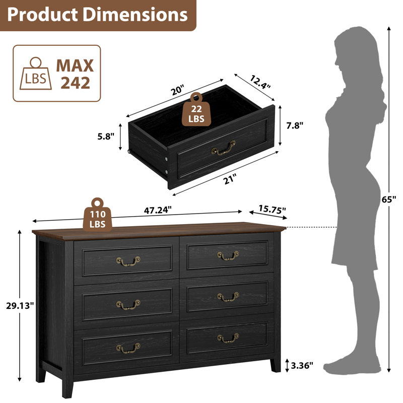 Farmhouse Double Dresser with 6 Large Drawers – Rustic Bedroom Chest of Drawers, Antique Style Storage Cabinet, Vintage Furniture for Home Organization