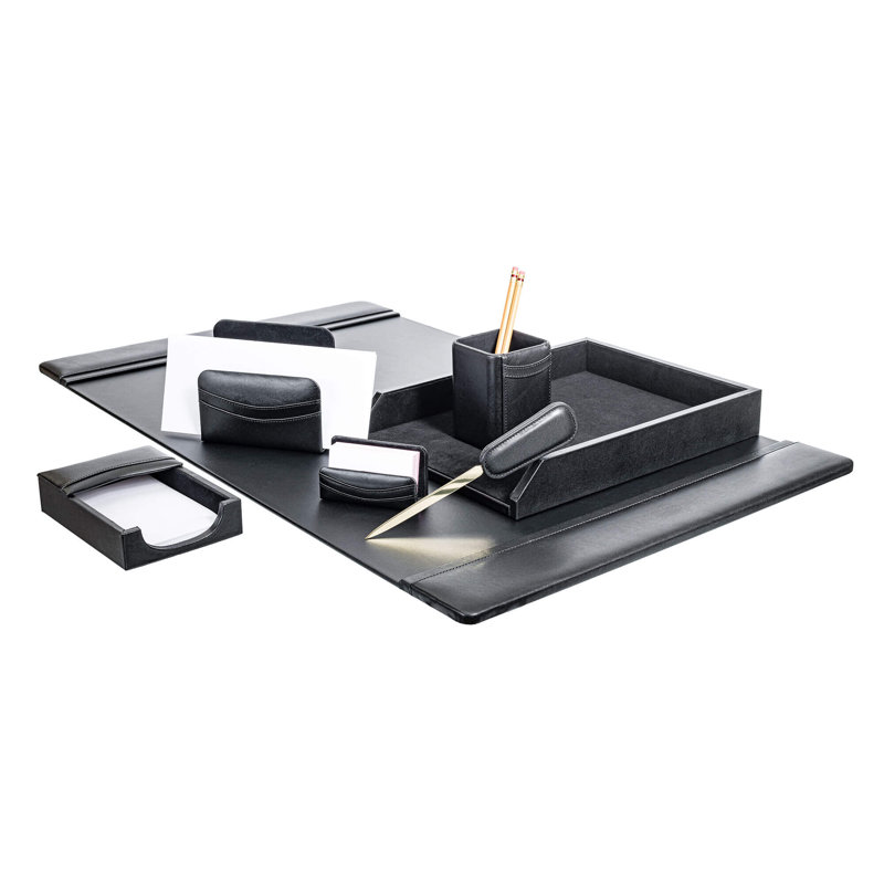 Black Leather 7-Piece Desk Organizer Set with Felt Backing