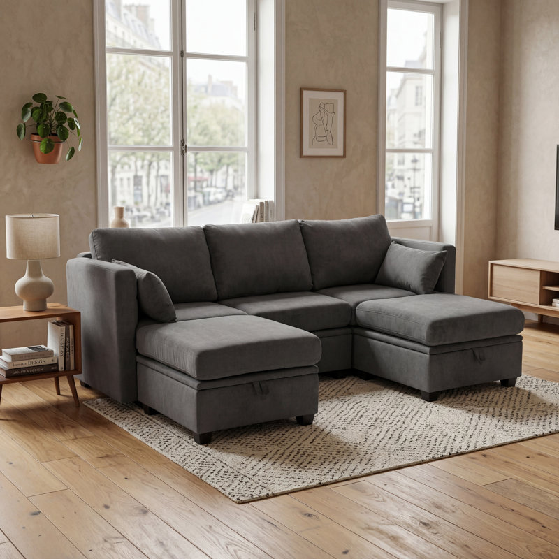 Dilen 5 - Piece Upholstered Sofa Modular Storage Couch & Ottoman, Dark Gray Polyester