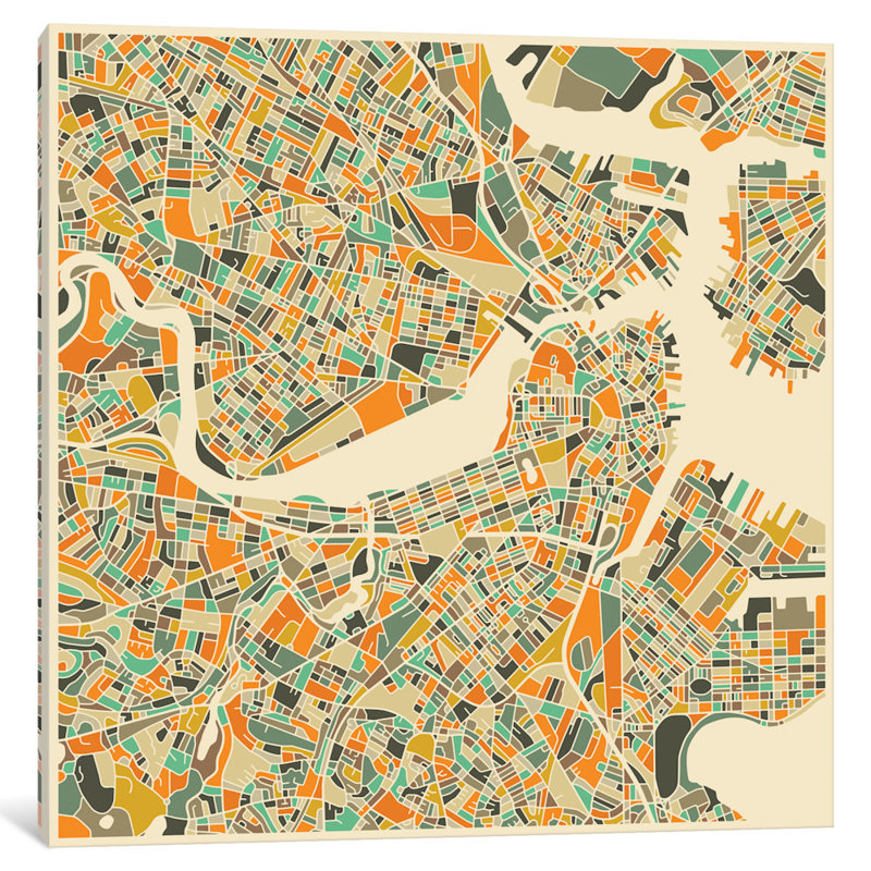 « abstract city map of boston », impression sur toile tendue, H 18 po x l 18 po x P 1,5 po, Toile avec cadre noir