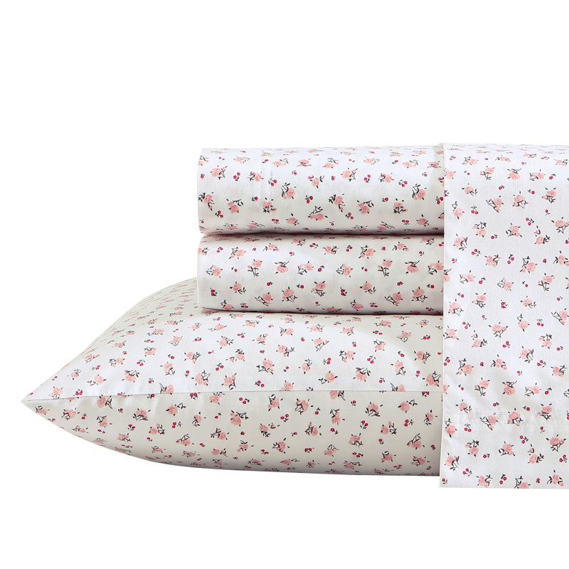 Betsey Johnson Printed Cotton Percale Cotton Sheet Sets, King Sheet Set + Fitted Sheet + 2 Pillowcases, Teeny Tiny Roses Pink