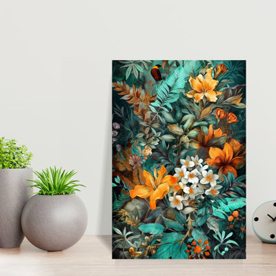 Lush Tropical Flora Bird Abstract Cactus Palm Succulent Nature Tropical Wall Art Print 1 Piece Wrapped Canvas Wall Art