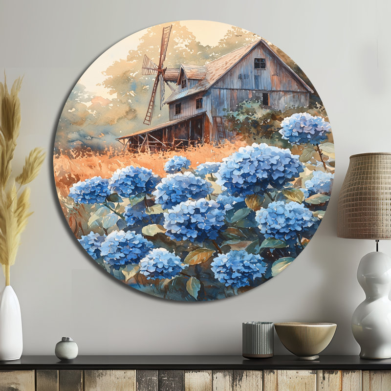 Hydrangées par le moulin à vent - impression d'art en métal bleu traditionnel, hydrangées rondes, décoration murale en métal