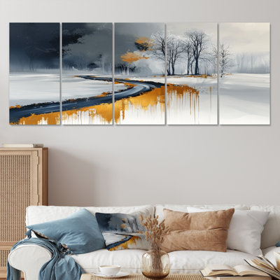 Gold And White Frosted Road In Winter I - Winter Landscape Wall Art Print Set