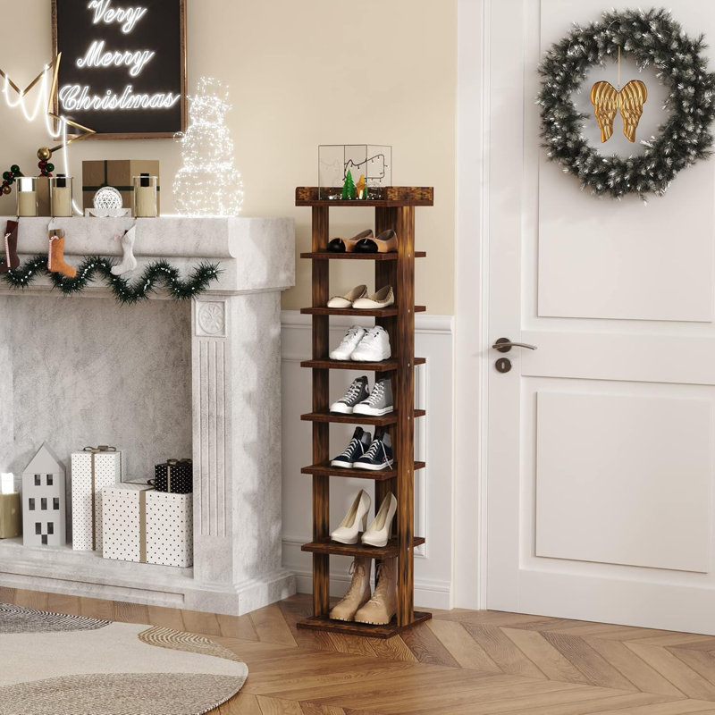 Hulett 45'' Freestanding Vertical 7-Tier Wooden Shoe Rack with Top Storage Shelf, Brown