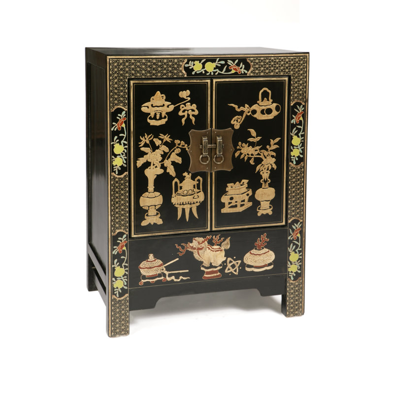 Hangzhou 59cm W Solid Wood Bedside Table, Black Lacquer