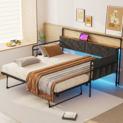 Daybed with Side Pocket&Charging Station, Pop-upTrundle with Upholstered Storage Headboard, LED Light, Metal Twin Sofa Bed for Living Room/Bedroom