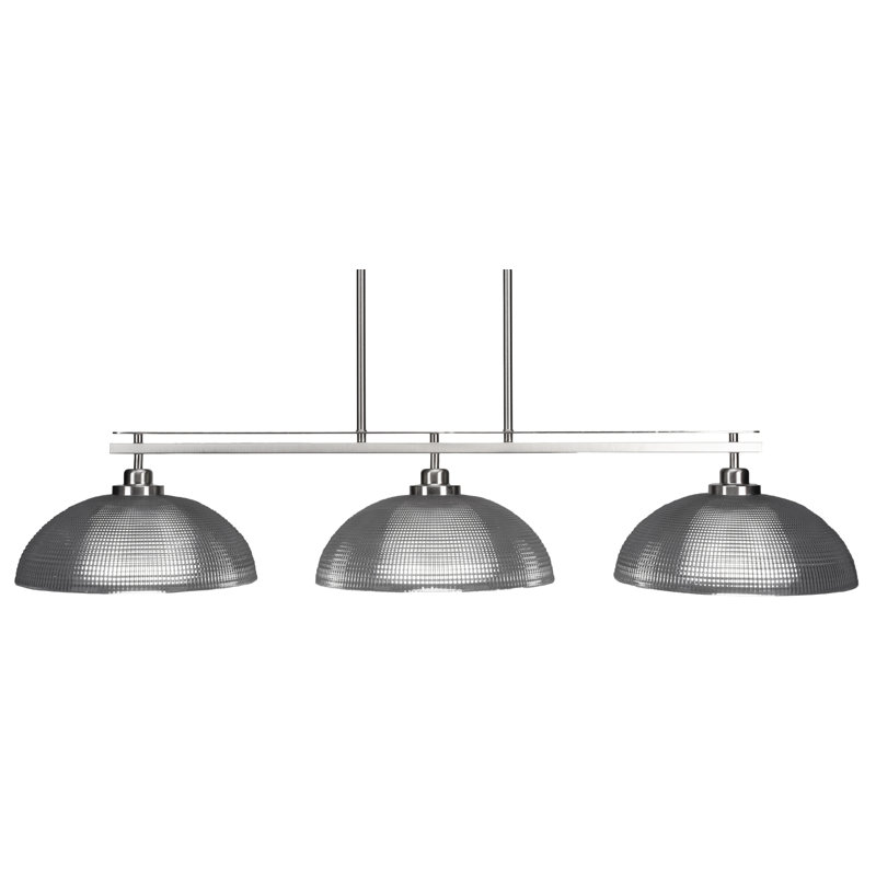 Agnon 3 Light Island Light Shown With 13" Clear Ribbed Glass, Noir, Nickel brossé