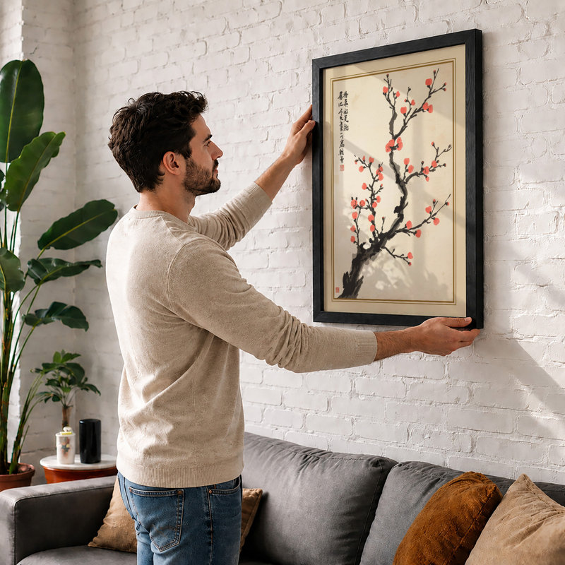 Flowering Branch Japandi - Framed Print, A3 - 42.0 x 29.7 cm, Oak