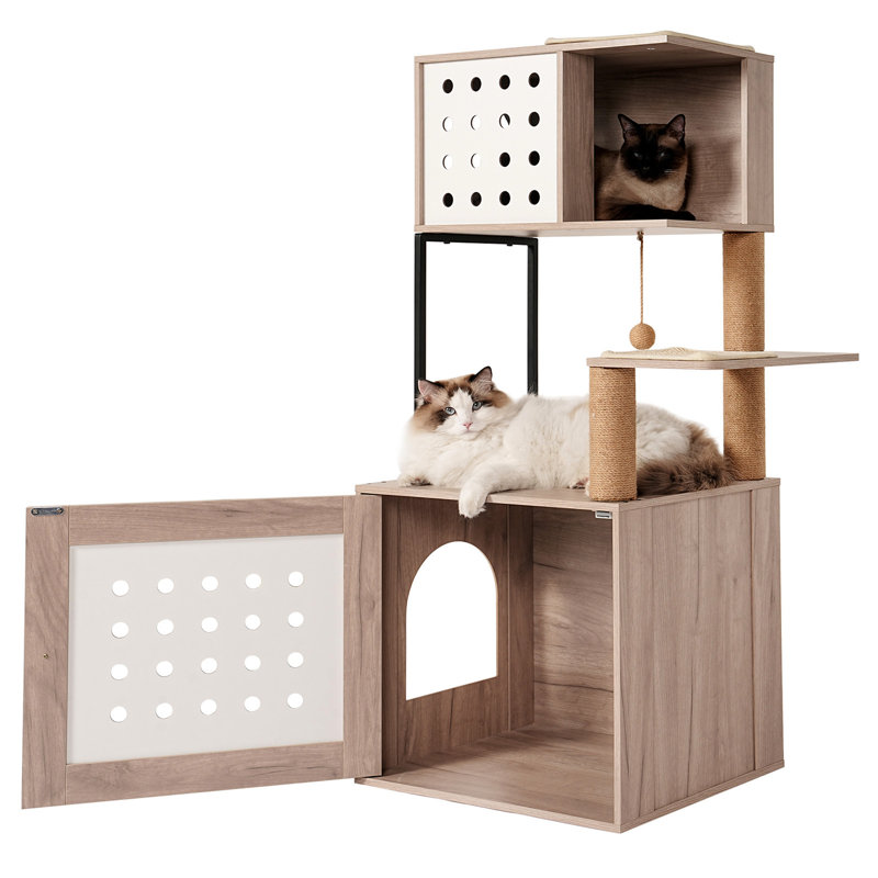 Arbre à chat d'intérieur avec bac à litière intégré gris + blanc, un pour les grands chats, lit, station de nourriture et poteaux à griffer dans une tour à décor moderne