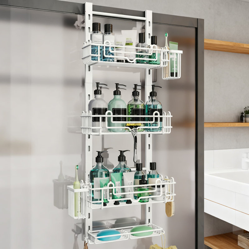 4-Tier Over The Door Shower Caddy With 22 Hooks & 2 Toothbrush Holders, Adjustable No-Drill Bathroom Organizer, Stainless Steel, Fast Drainage, White