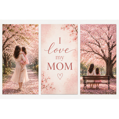 Extra-Large Set of 3 I Love My Mom Wall Art Canvas Print 24x36 Inch Mother Daughter Cherry Blossom Artwork for Living Room Bedroom Home Décor Ready to Hang