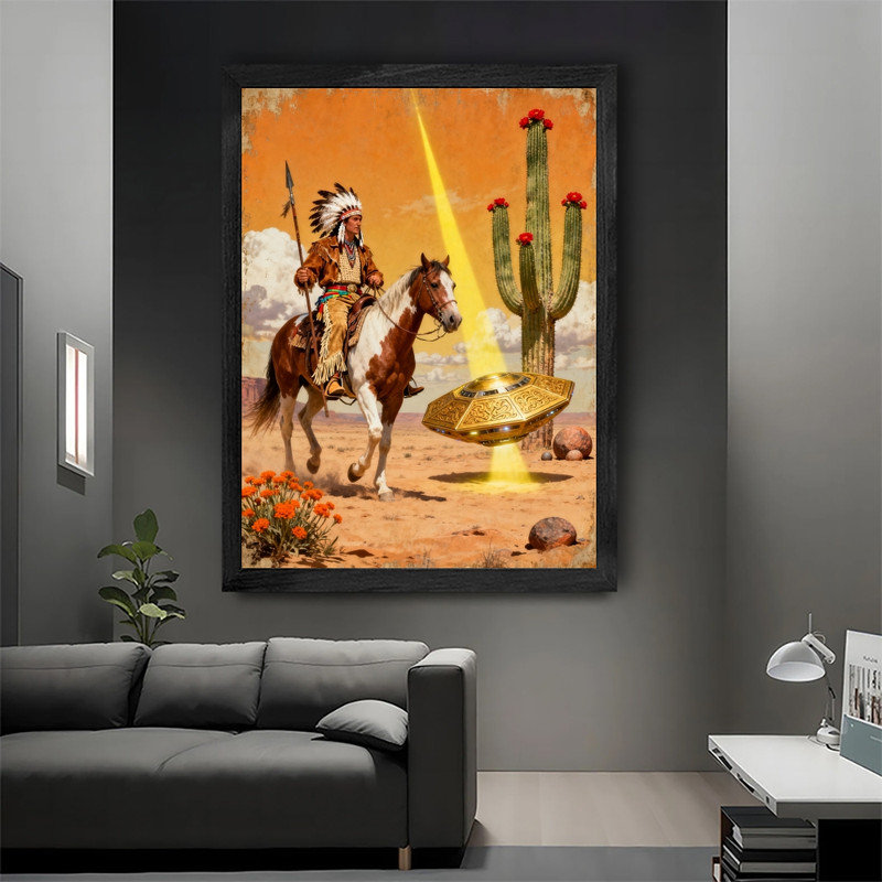 OVNI rétro encadré noir, impression de cadre fantaisiste Western Western, H 37 po x l 25 po