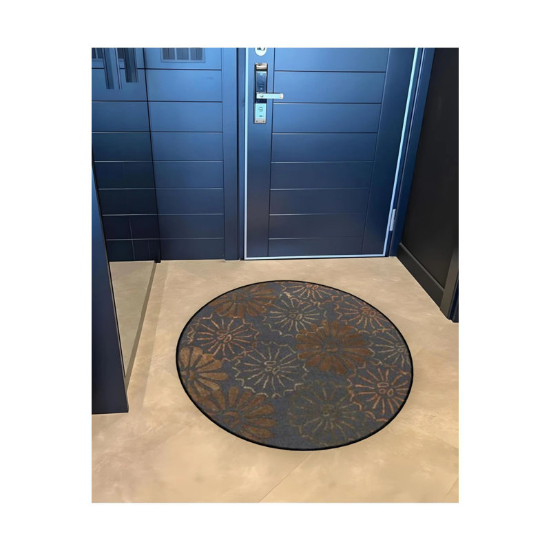 Gray Brown Floral Detailed Woven Base Modern Decorative Carpet, Round 2'8"