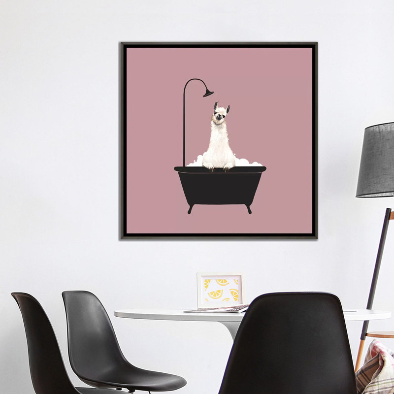 Lama dans une baignoire, H 37 po x l 37 po x P 1,5 po, Toile avec cadre en bois classique