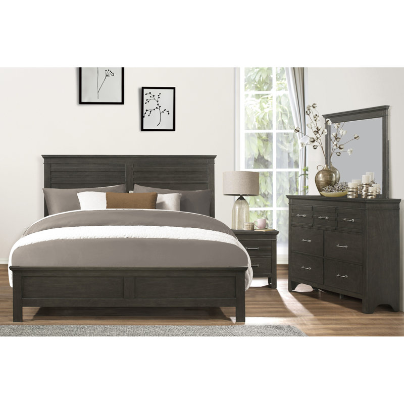Lit de chambre à coucher transitionnel - Panneau en bois avec rails et finition pour tête de lit, Gris anthracite, Lit double