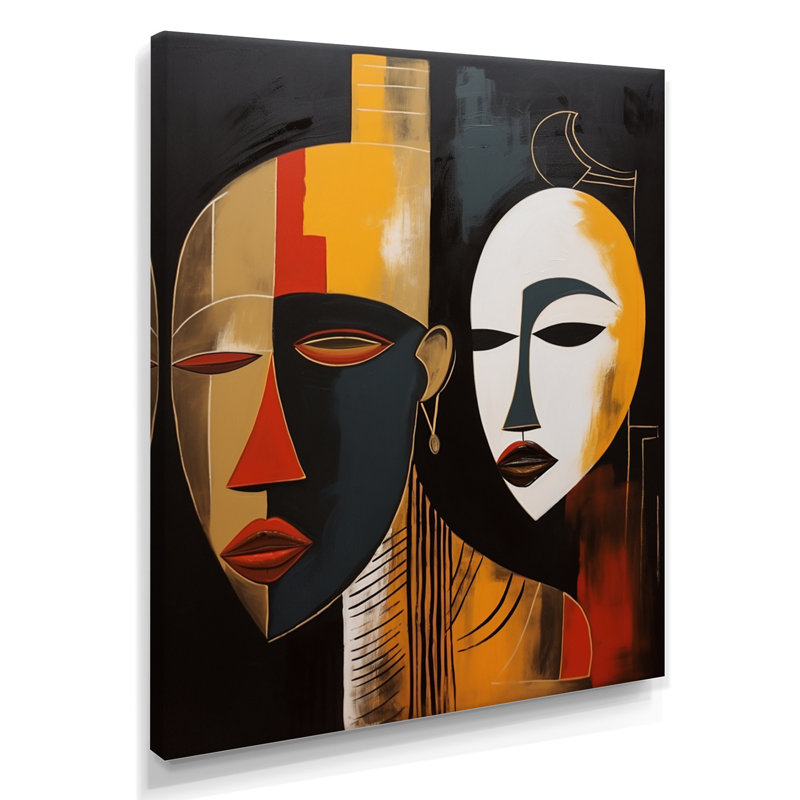 Abstrait double portrait Yin Yang - Masque africain, art mural salon, Toile tendue, H 32 po x l 16 po x P 1 po