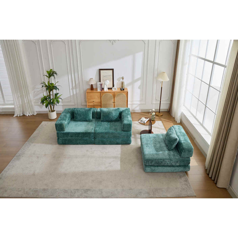 Canapé à compression, canapé-lit à plancher convertible avec structure fixe, canapé modulaire désossé, sans assemblage requis, tissu chenille, pour chambre à coucher de salon, vert foncé