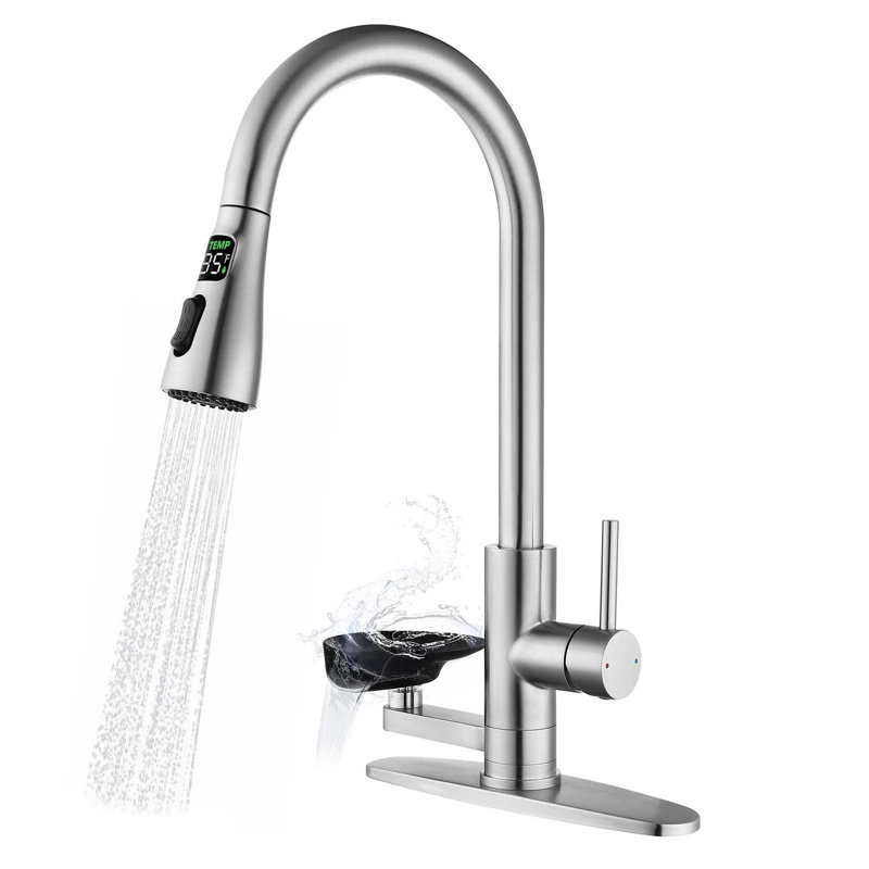 Robinet de cuisine 3-en-1 en nickel brossé avec douchette rétractable, rinçage en verre à pression, 3 modes de jet et bec à grand arc
