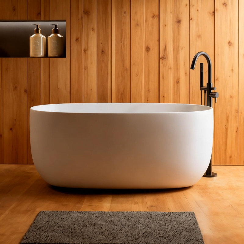 Baignoire de trempage autoportante en pierre de résine avec trop-plein et bonde escamotable, conception moderne à surface solide en blanc