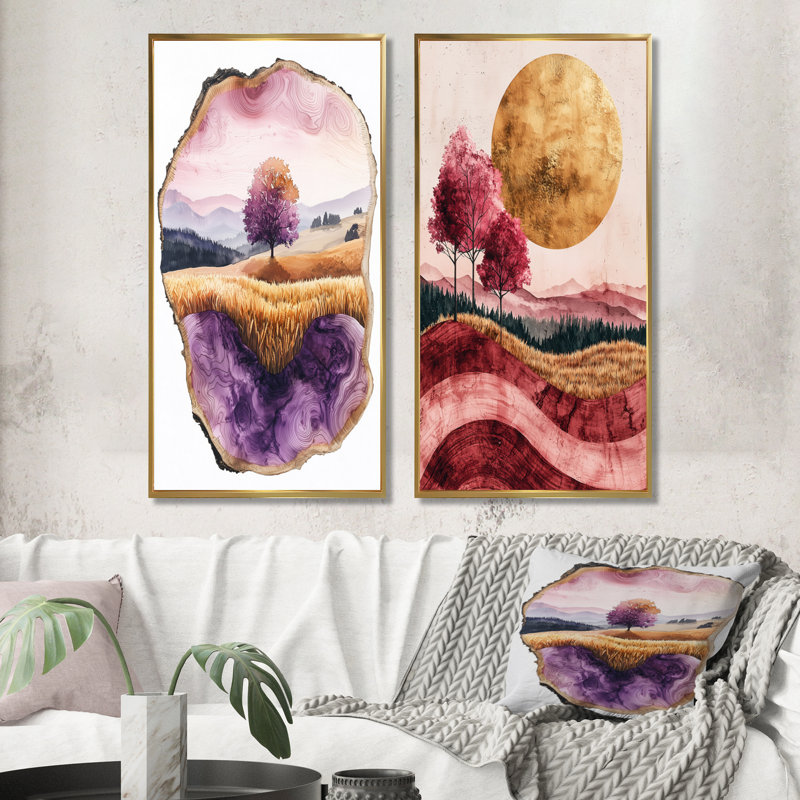 «Farm Charm Meadow with Lavender Ink Field Landscape III», collection d'art mural 2 pièces, H 32 po x l 33 po