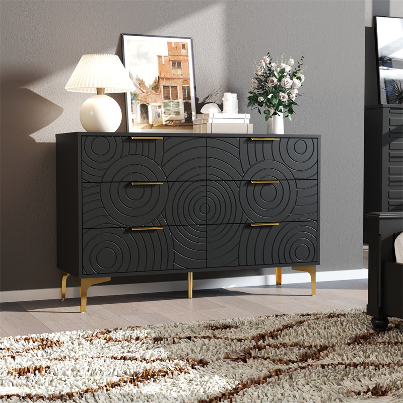Black Modern 47" 6-Drawer Dresser with Gold Metal Handles