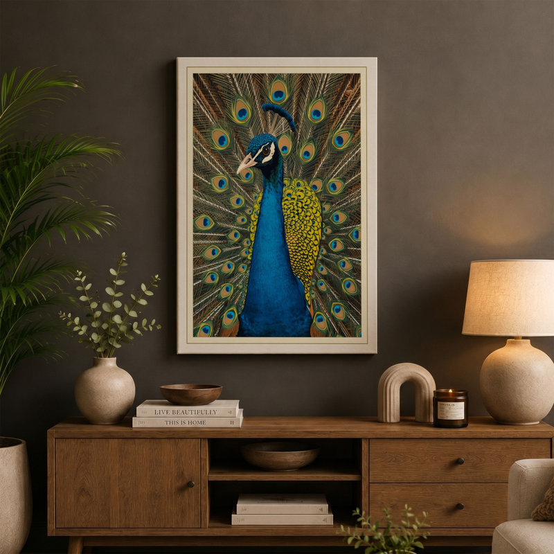 Peacock in Repose Botanical - Wrapped Canvas, 30x20 - 76.2 x 50.8 cm, Taupe Border