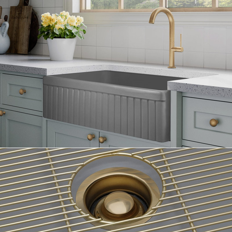 Luxury Solid Fireclay Farmhouse Sink, Brushed Brass Accessories