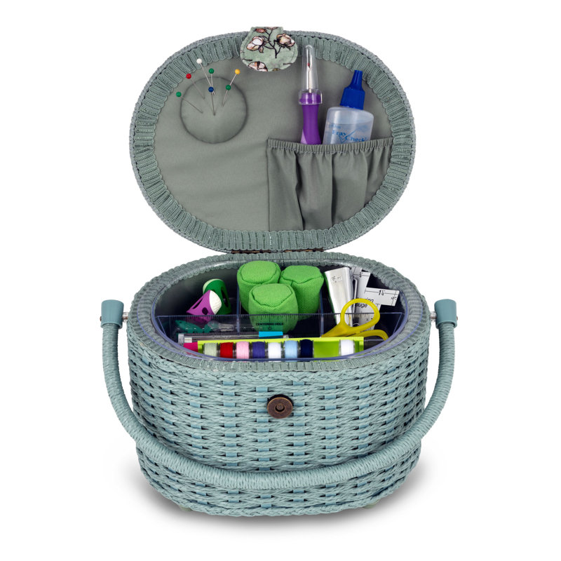 Small Soft Green Floral Oval Weaved Sewing Basket with Cord Handle