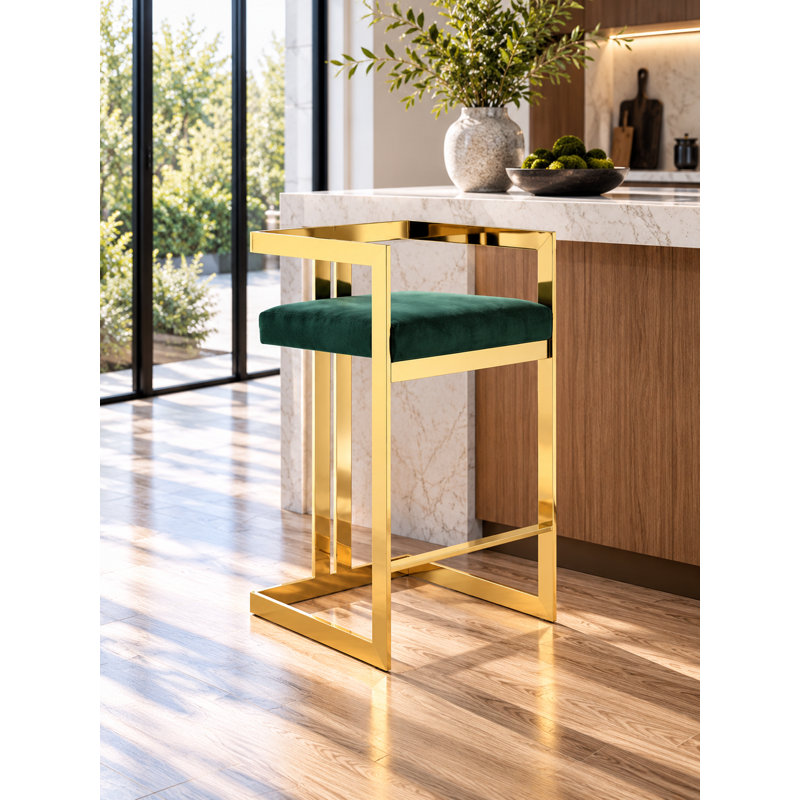 Tabouret de comptoir moderne Pangea Home, Velours vert, Doré, Tabouret de comptoir (siège d'une hauteur de 25,5