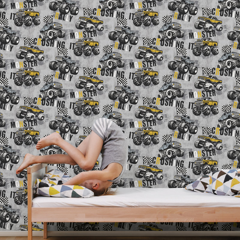 Kids and Teens Collection Glitter Monster Trucks Wallpaper Roll, Yellow