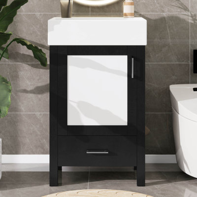 Meuble-lavabo de 20 po avec lavabo en céramique épais robuste, meuble-lavabo autoportant avec 1 grand tiroir et 1 porte à fermeture en douceur