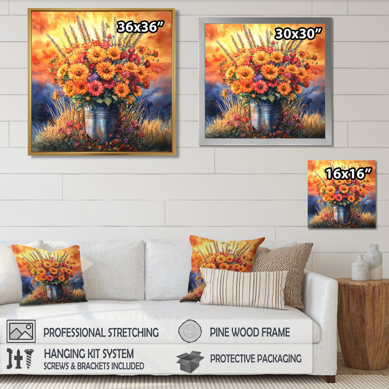 «Sunset Harvest Blooms - Assorted Bouquets», art mural, H 16 po x l 16 po, Impression encadrée flottante, Blanc