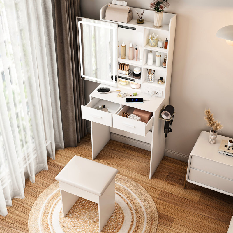 Space - Saving Dressing Table, White, With 3 Level Dimmable Led Lighting, 2 Drawers, Ports, Ac Outlets, And Shelf, Includes Stool Hidden Storage,