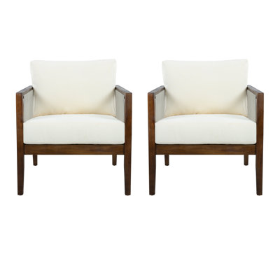 Chaises club d'extérieur (ensemble de 2), structure en bois d'acacia avec dossier en corde, coussins beiges hydrofuges pour patio / cour arrière / terrasse, brun foncé