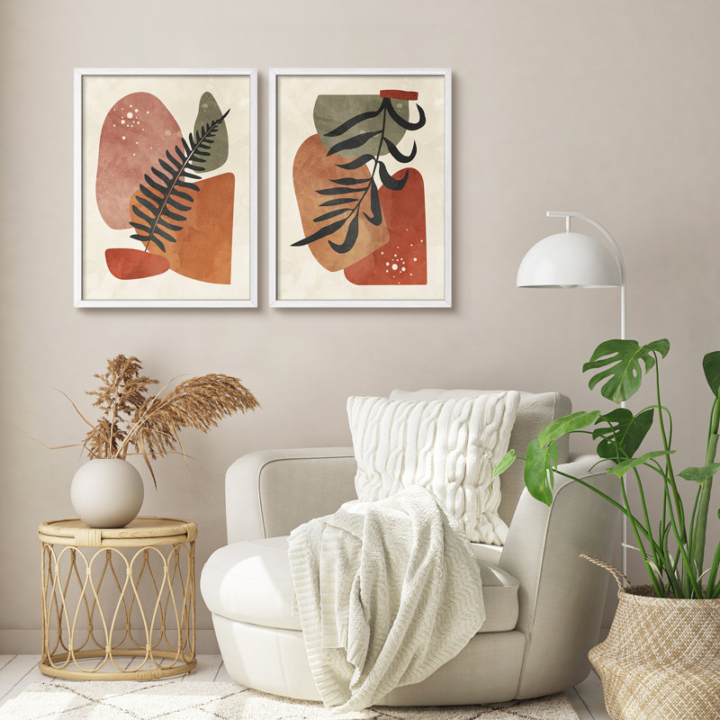 «Brown Mid Century Modern Plants», reproduction d'art encadrée, affiche, salle de bain, petit art mural, Blanc / Blanc