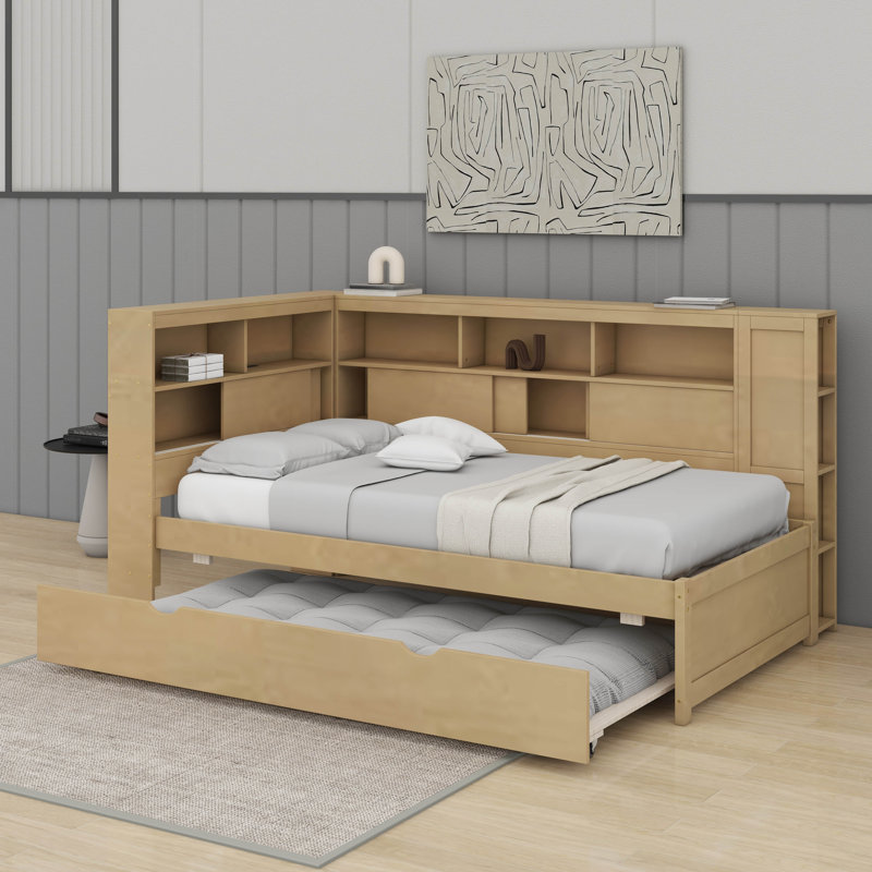 Lit de jour simple en bois avec tablettes, USB et lit gigogne, Naturel