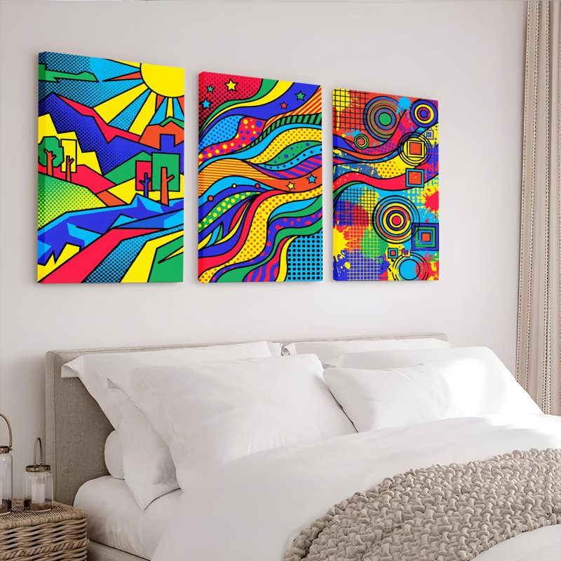 Ensemble de 3 tableaux abstraits colorés représentant des paysages géométriques et des vagues, à enrouler sur toile, pour la décoration du salon, de la chambre ou du bureau.