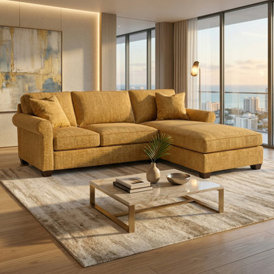 Irlanda Sectional – Made in USA, 5-Day Shipping, Custom Fabric Options, L-Shaped Sectional Wholesale Sectional Furniture - Hepburn Chai Tea - Mustard Yellow Fabric