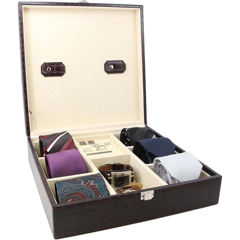 Boîte de rangement en cuir pour cravates et boutons de manchette en cuir - brun phoque