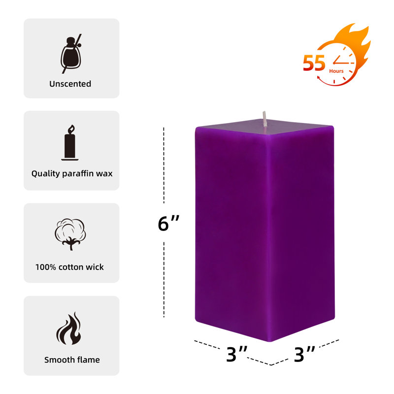 Bougie colonne, Mauve, H 6 po x l 3 po x P 3 po, Ensemble de 12