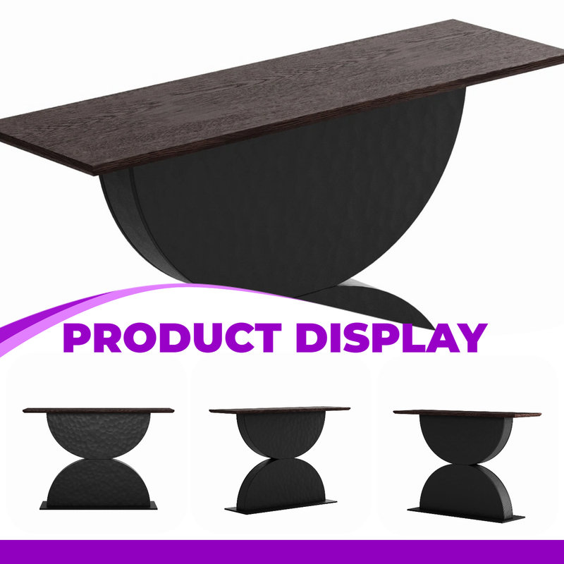 Console Table - Double Semi-Circle LED-Accented Hammered Texture Solid Wood