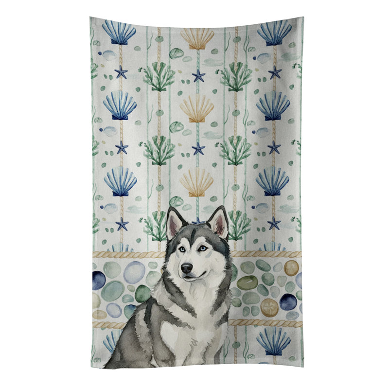 Gray and White Alaskan Malamute Coastal Sea Glass Kitchen Towel, Gray and White Alaskan Malamute