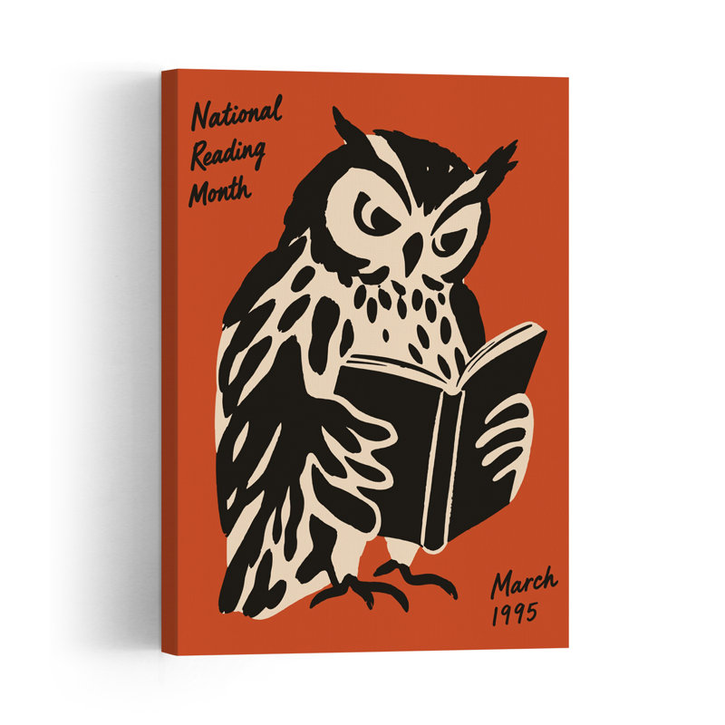 Hibou sage lisant un livre, affiche rétro vintage d'oiseau hibou dans la forêt, H 48 po x l 32 po