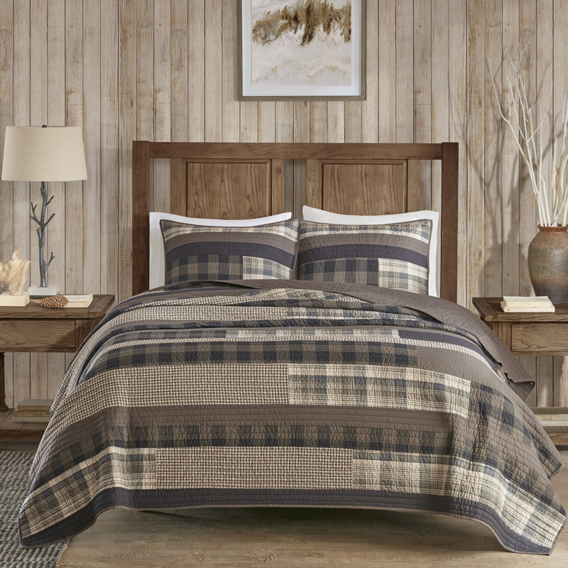 Full Brown Cotton Reversible Quilt Set with Plaid Stripes